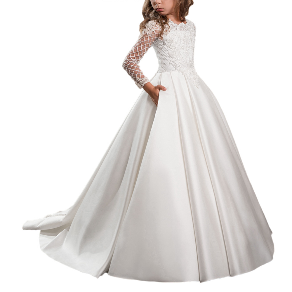 Comercio exterior Vestido de niños europeos y americanos vestido de niña de flores para niños Satén de encaje de manga larga rendimiento pasarela vestido esponjoso de niña