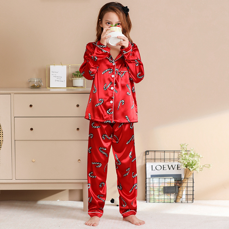 Navidad familia desgaste padre-niño desgaste Otoño e Invierno color sólido rayas satén seda artificial niños y niñas pijamas homewear traje