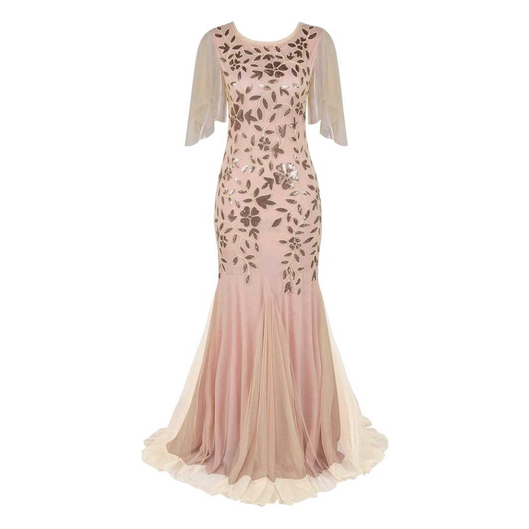 Primavera y verano 1920s vintage vestido de noche con lentejuelas dama de honor banquete largo delgado vestido de cola de pez más tamaño ropa de mujer en stock