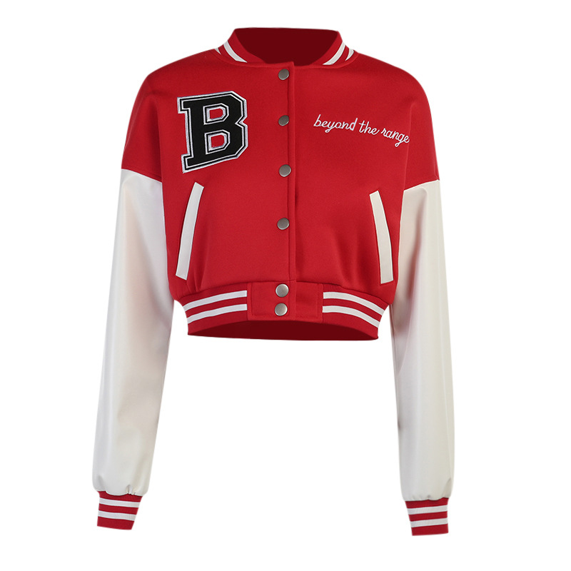 Colorblock Printed Leather Sleeve Baseball Uniform Short Women's Jacket