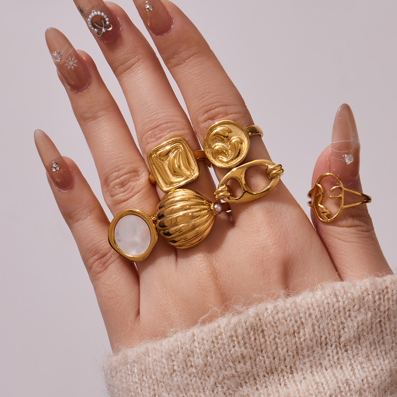 Geheimnisvolles, geometrisches und unregelmäßiges offenes Ring-Set im Retro-Nischendesign, personalisierter Damenring aus Edelstahl_voghion.com