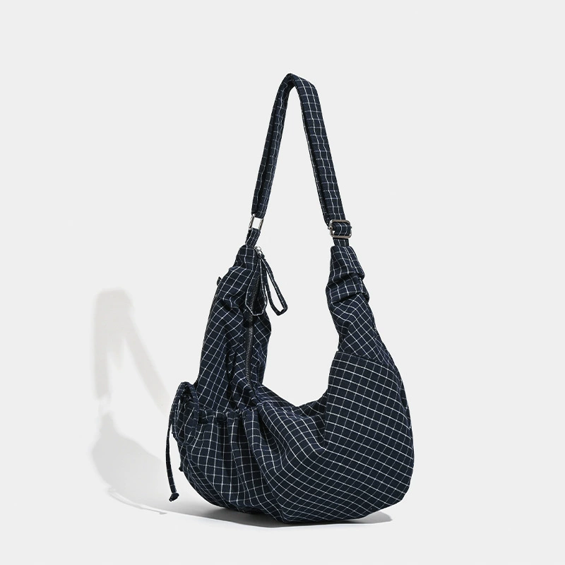 One-Shoulder Shopping Bag, Capacious Drawstring Tote with Shoulder Strap, White/Blue
