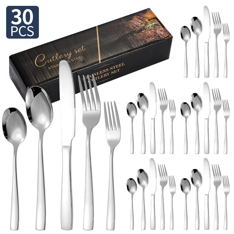 Transfronterizo Amazon cubiertos de acero inoxidable de mango cuadrado 20 / 24 / 30 piezas set cuchillo de filete de comida occidental tenedor cuchara set box