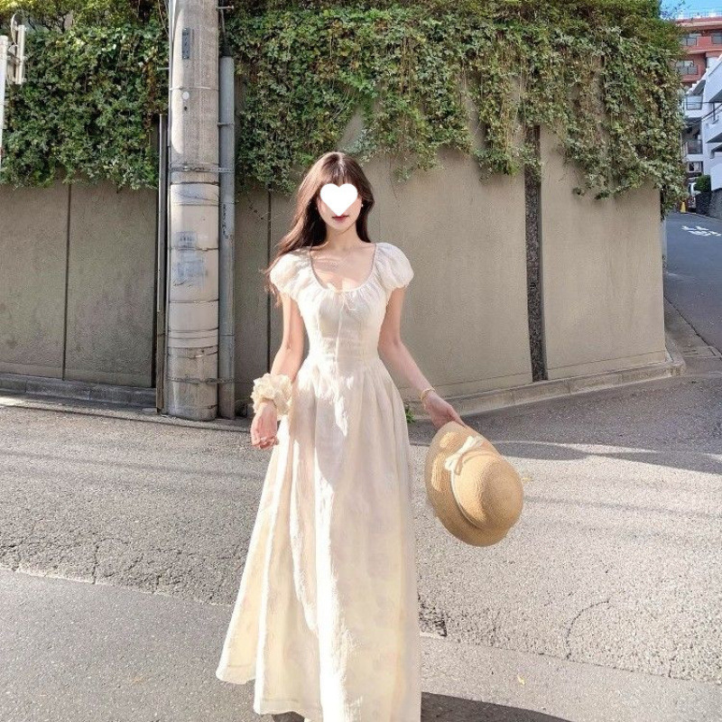 フレンチハイエンドジャカードドレス2025夏新作ウエスト痩身パフスリーブロングスカートAラインスカート女性用|undefined