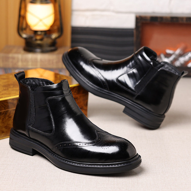 Giày bốt Martin nam da bò thật cổ trung, mũi nhọn, khóa kéo bên hông, gót 3–5 cm — Bốn mùa đen, Lông cừu đen