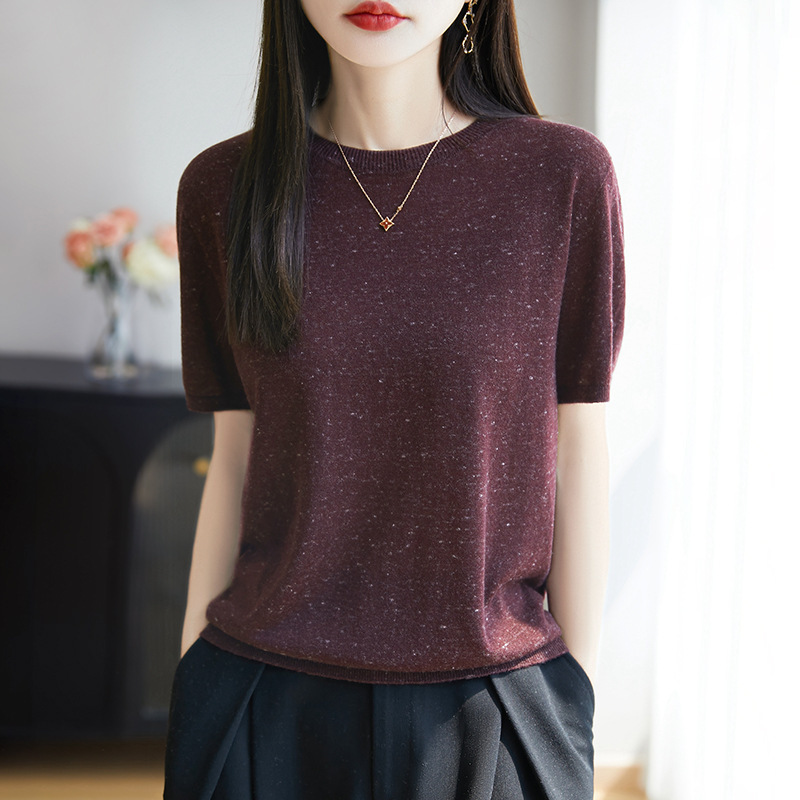 カラフルなヌイジイカラフルなスプレーポイント糸ワンライン既製服シームレスニット半袖ウールブレンドトップ|undefined