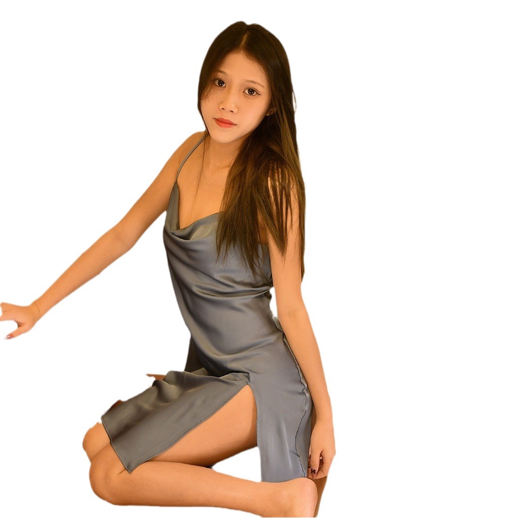 New Backless Sexy Sling Nightgown Ice Silk Swing Collar Side Split Bride Wedding Silk Pajamas Home Clothes for Women