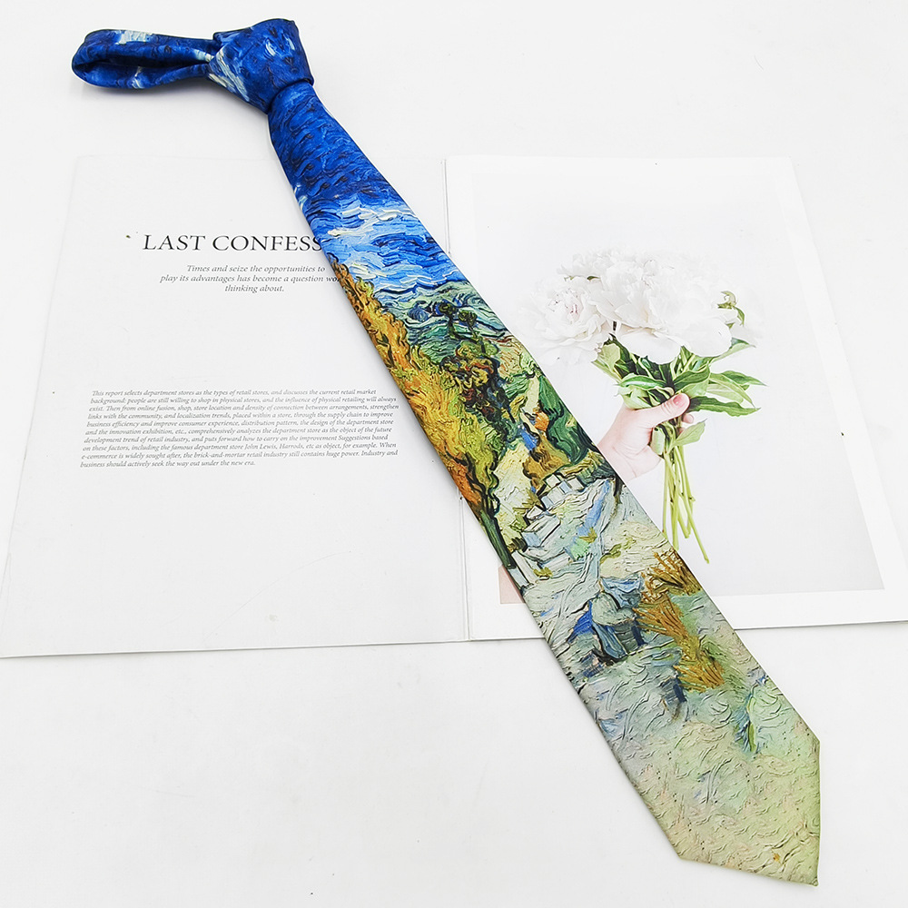 Van Gogh Pintura al óleo Hombre Impresión de seda de poliéster Corbata retro Fabricante Spot Moda Casual Corbata Mano 8cm