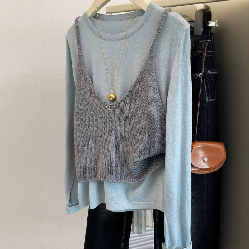 Layered Knit Sweater Tops for Women, Summer and Spring, Two-Piece Slimming Vest Sweater, Blue Rayon Patchwork