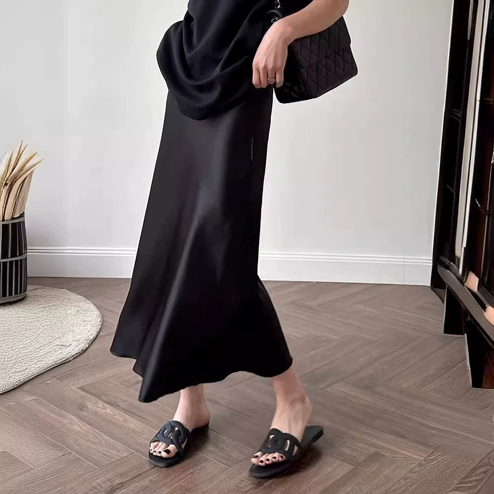 Черная атласная юбка-трапеция с уксусной кислотой, женская летняя облегающая длинная юбка в стиле французский рыбий хвост