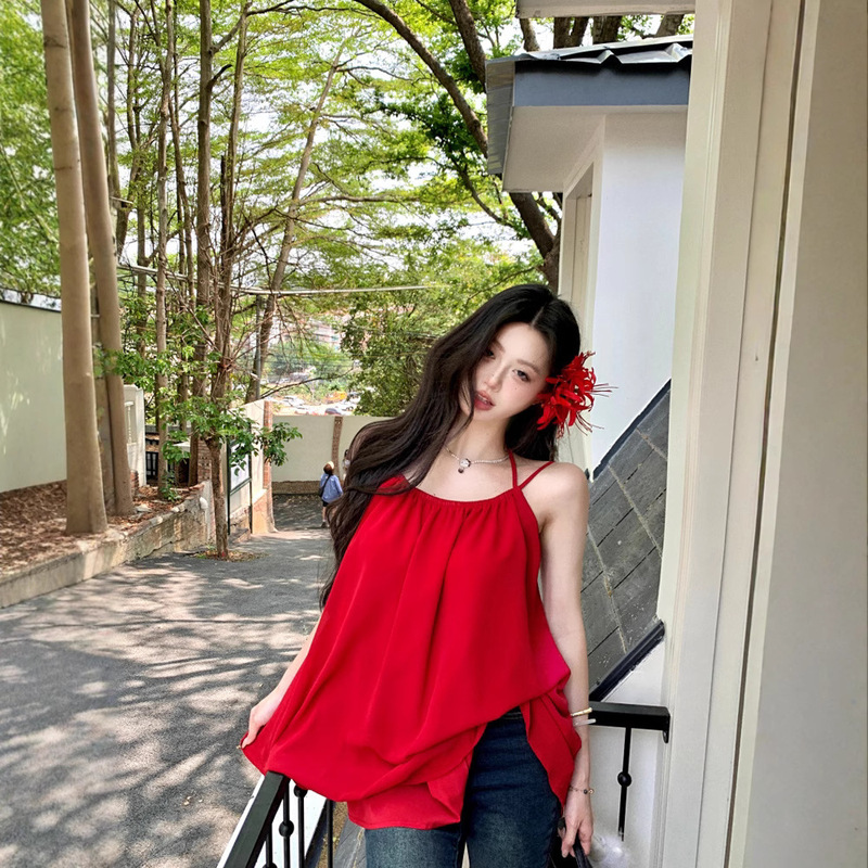 Pure Desire Hot Girl Red Lace Camisole Women's 2025 Summer New Resort Style Loose and Chic Backless Top