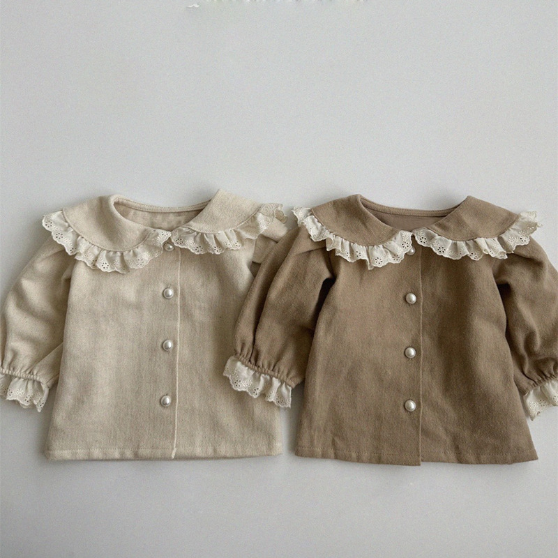 INS niñas bebé primavera nueva camisa superior estilo occidental encaje solapa encaje manga larga niñas cardigan camisa