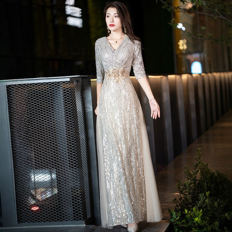 Plus Size Evening Dress for Fat Women, Banquet Elegant 100kg Slimming Look and Fat Sequin Long Host Annual Meeting Dress