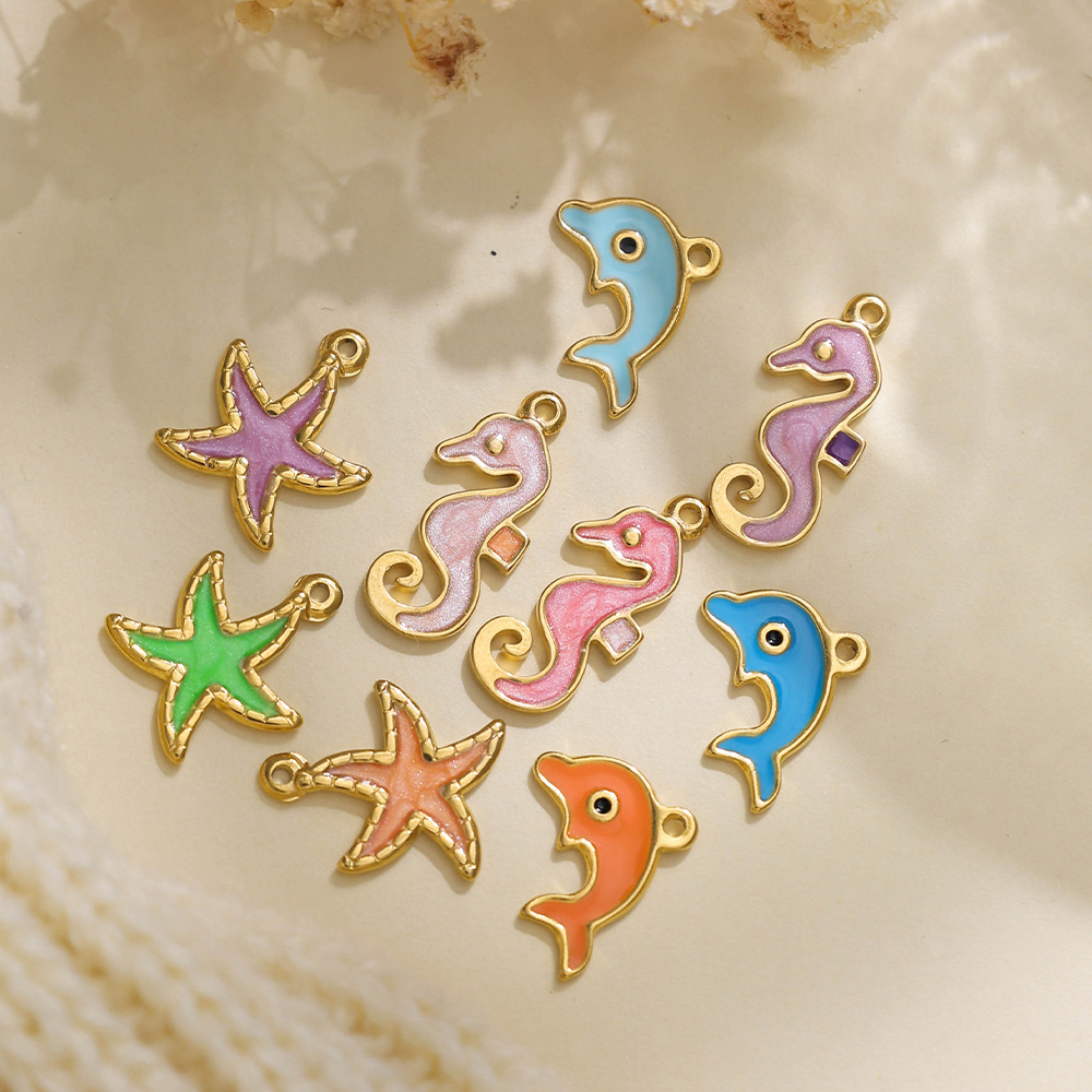 Enamel, Plating Design 1 Piece 304 Stainless Steel Starfish Dolphin Hippocampus Polished Pendant DIY Ornament Accessories