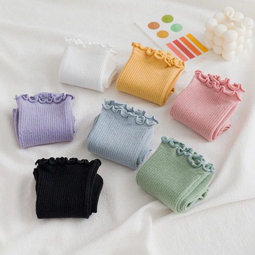 New autumn and winter fungus socks solid color cotton mid-calf socks for women cute Japanese pile socks warm lace socks wholesale