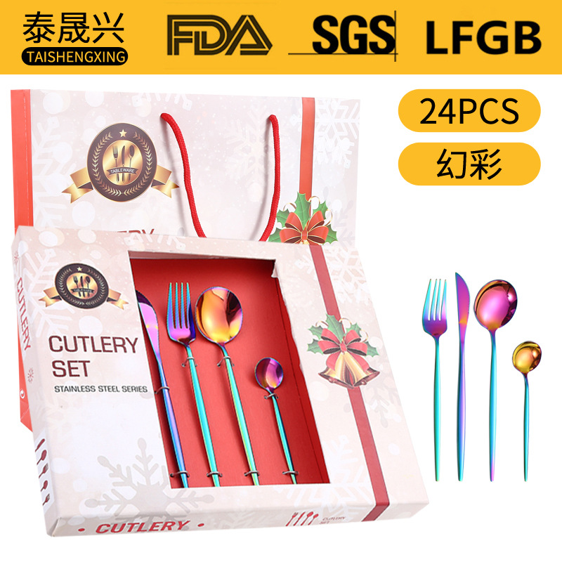 Amazon popular vajilla de acero inoxidable 24 unidades traje portugal cuatro piezas principales occidental cuchillo, tenedor y cuchara regalo caja