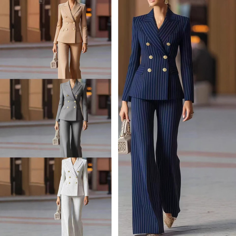 2025 Autumn European and American Hot-Selling Stylish Commuting Slim-Fit Color-Block Long-Sleeve Suit and Pants Set for Women