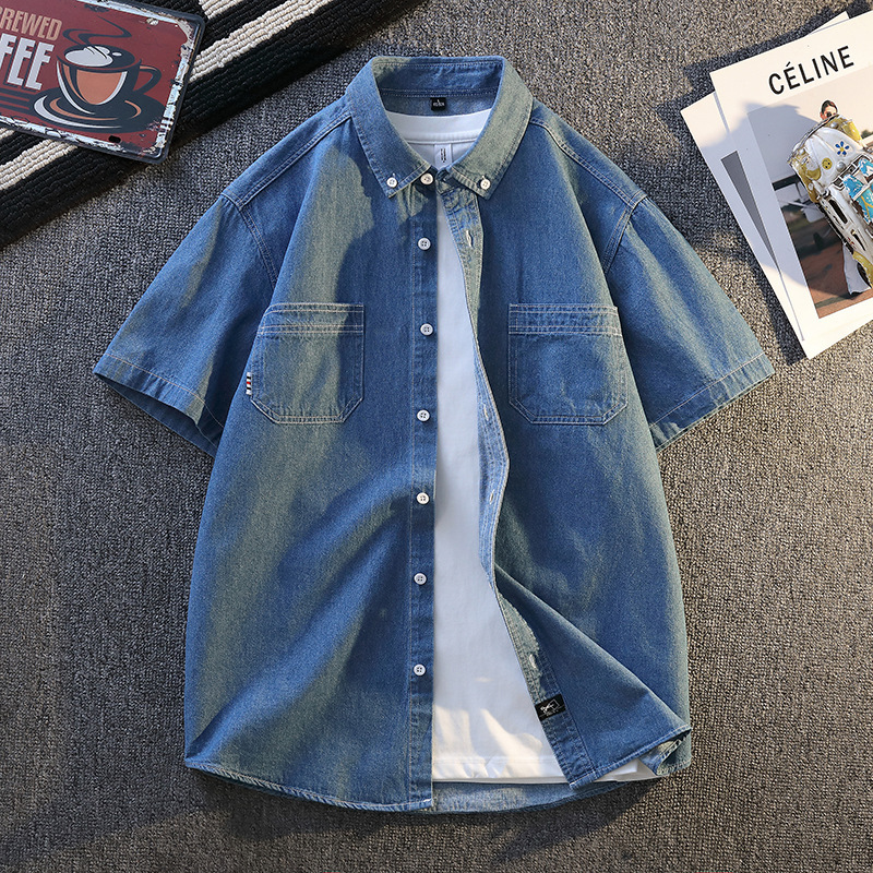 Summer men's denim short-sleeve shirt, solid color, loose, casual, stylish, lightweight, all-cotton, student style Summer men's denim short-sleeve shirt, solid color, loose, casual, stylish, lightweight, all-cotton, student style