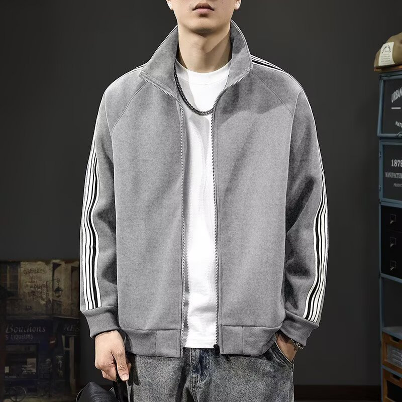 Autumn American Retro Stand-Up Collar Cardigan Sweatshirt Men's Heavyweight Loose Large Size Jacket Stripesd Sports Casual Jacket Trendy