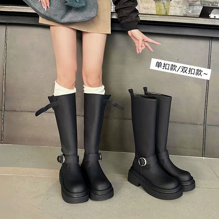 皮带扣不过膝长筒靴女2024秋冬圆头百搭厚底增高黑色高筒骑士靴