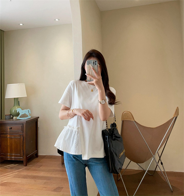 Design sense: Unconventional irregular hollowed-out embroidery patchwork hem, loose short-sleeved T-shirt for women, Spring/Summer 2025 G032206 pic 21