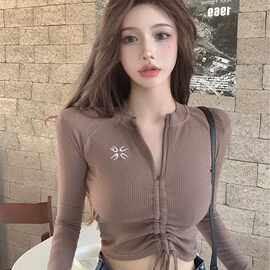坑条性感小众别致短款抽绳上衣女设计感纯欲风时尚长袖t恤打底衫