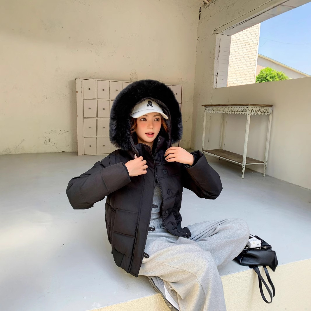 25 nuevo estilo coreano cuello puff encapuchado invierno ropa de algodón de pluma de invierno mujer nueva ropa de pan de invierno gruesa abrigo suelto image 3