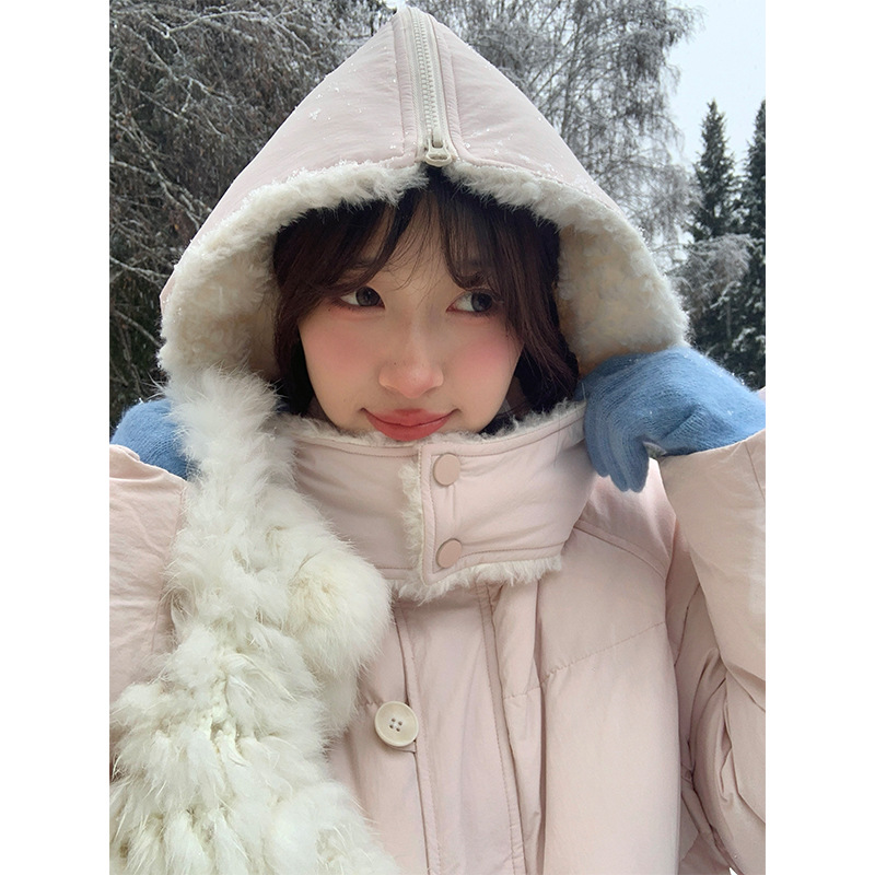 霍里德地图 粉色帽子可变披肩白鸭绒羽绒服