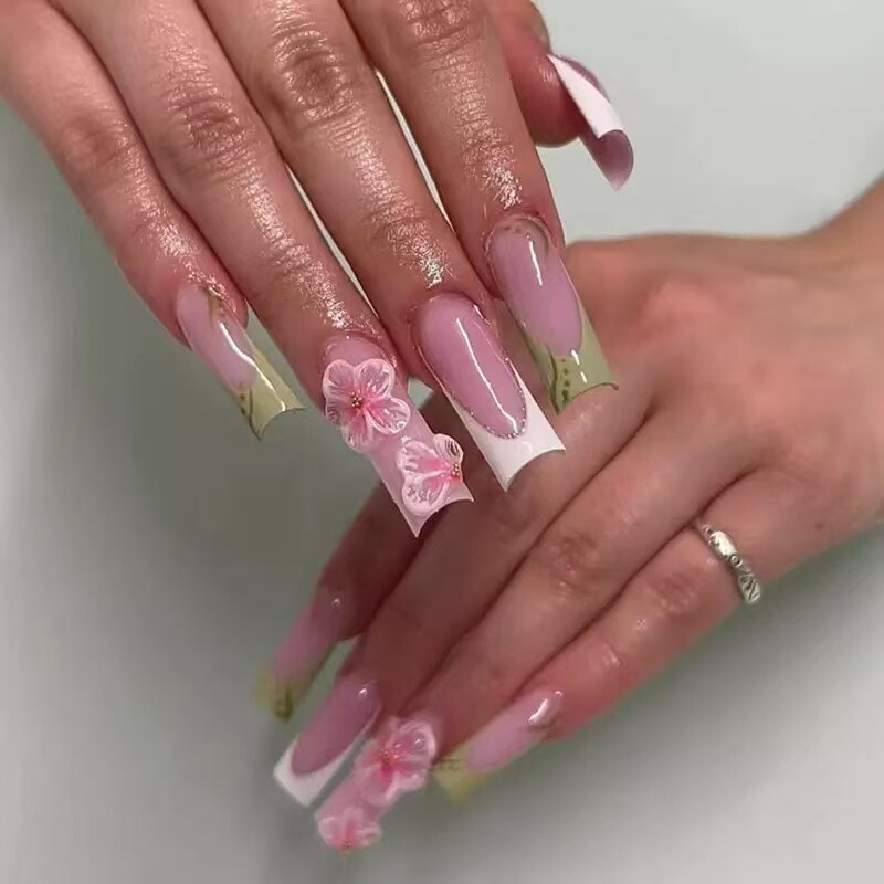 European and American Style 3D Peach Blossom French Detachable Nail Art Sweet Long Tube Press-On Nails