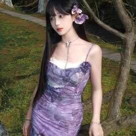 原版做法 轻熟风紫色连衣裙女夏季新款收腰包臀吊带裙蕾丝长裙子
