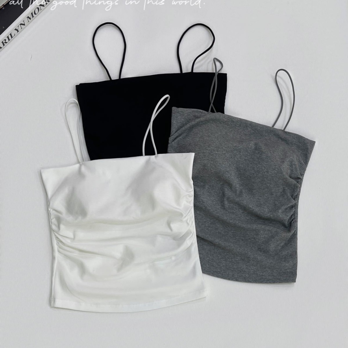 Fashionable one-length beautiful back strap side pleated waist slimming girl inner wear with breast pad cotton strap 2570