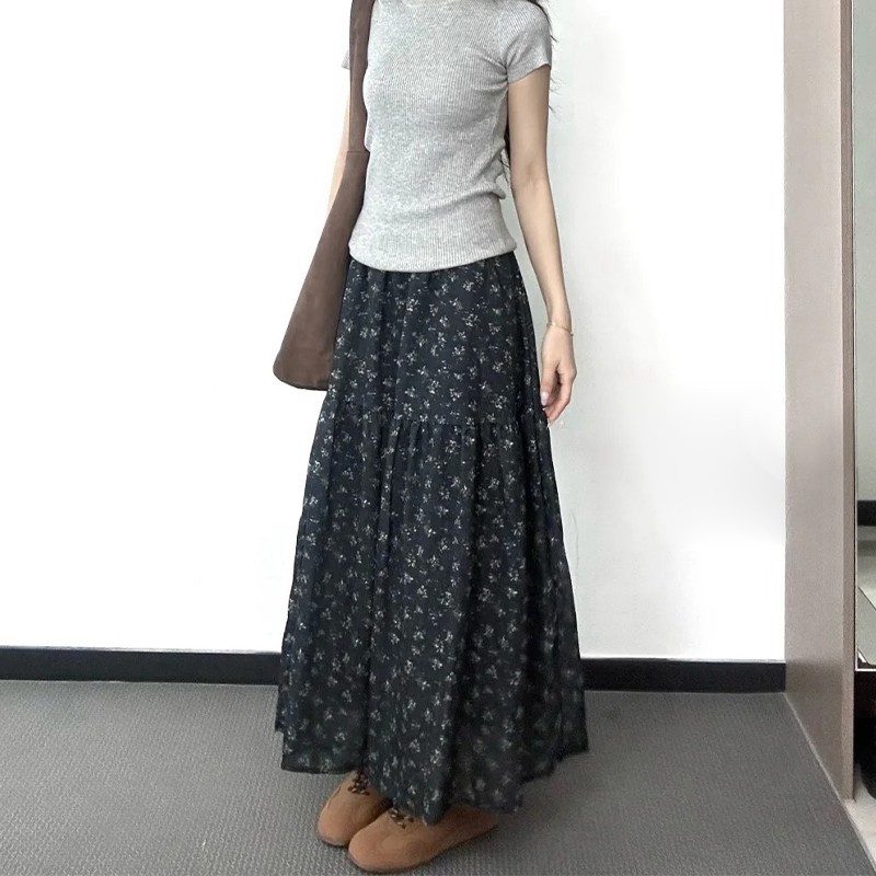 Floral Skirt for Women 2025 New Pear-Shaped Body Covering the Crotch and Slimming Look High-Waisted Long Skirt with Drapey A-Line Skirt