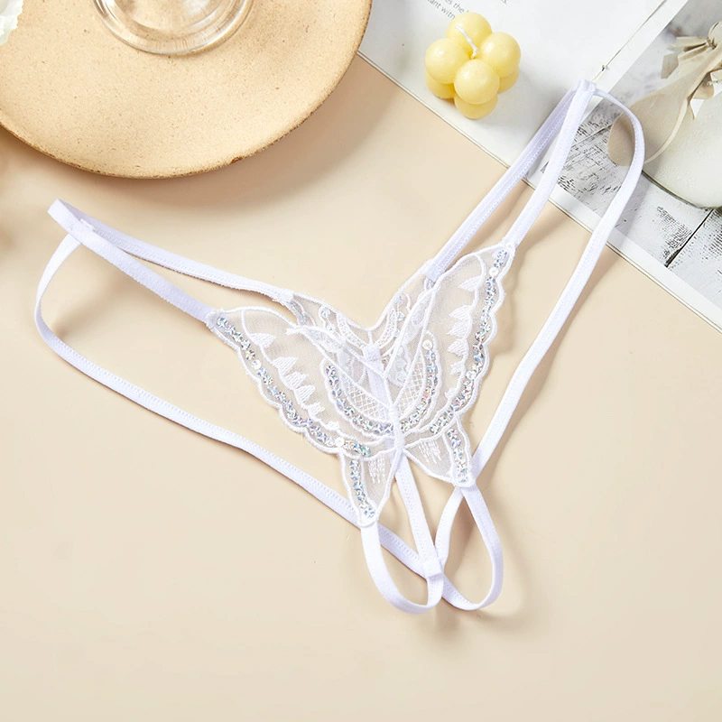 Женские прозрачные вышитые thong танг, акцент из страз, размер M (80–120 кг)