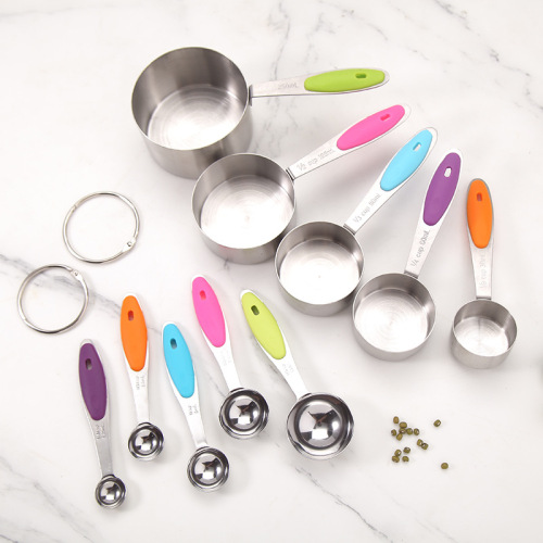 Stainless steel measuring cup measuring spoon 10-piece set with scale silicone handle measuring spoon coffee milk powder spoon kitchen baking tools