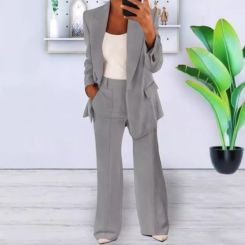 Spring and Autumn New Arrival European and American Style Fashion Solid Color Slim-Fit Cardigan Elegant Suit Jacket Women's Suit Set