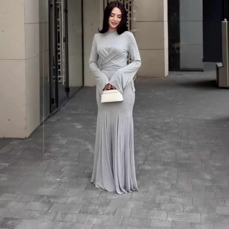 2025秋新款女装欧美风跨境复古风圆领时尚纽扣修身收腰显瘦连衣裙|undefined