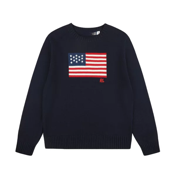 R L Classic Basic Embroidered Jacquard Logo Versatile Unisex Knit Crew Neck Pullover Polo Shirt Top