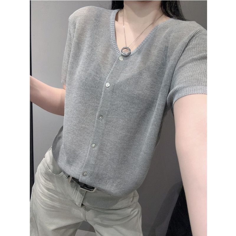 Áo cardigan dệt kim tay ngắn cổ V chất liệu băng lụa mỏng mùa hè — màu xám chi tiết 4