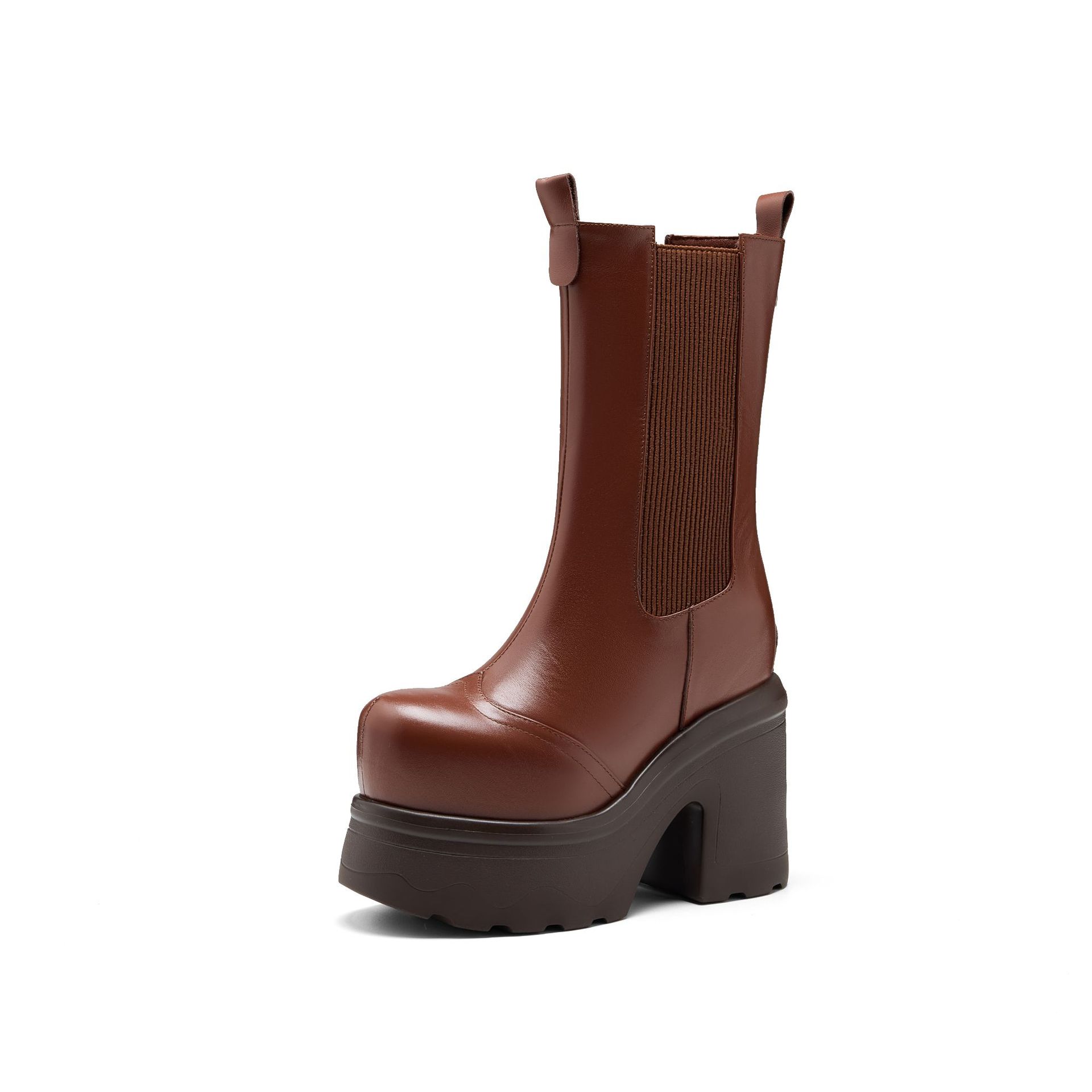 Boot nữ da thật cổ cao ôm bắp chân, đế dày tăng chiều cao, phong cách Anh Quốc — nhung nâu