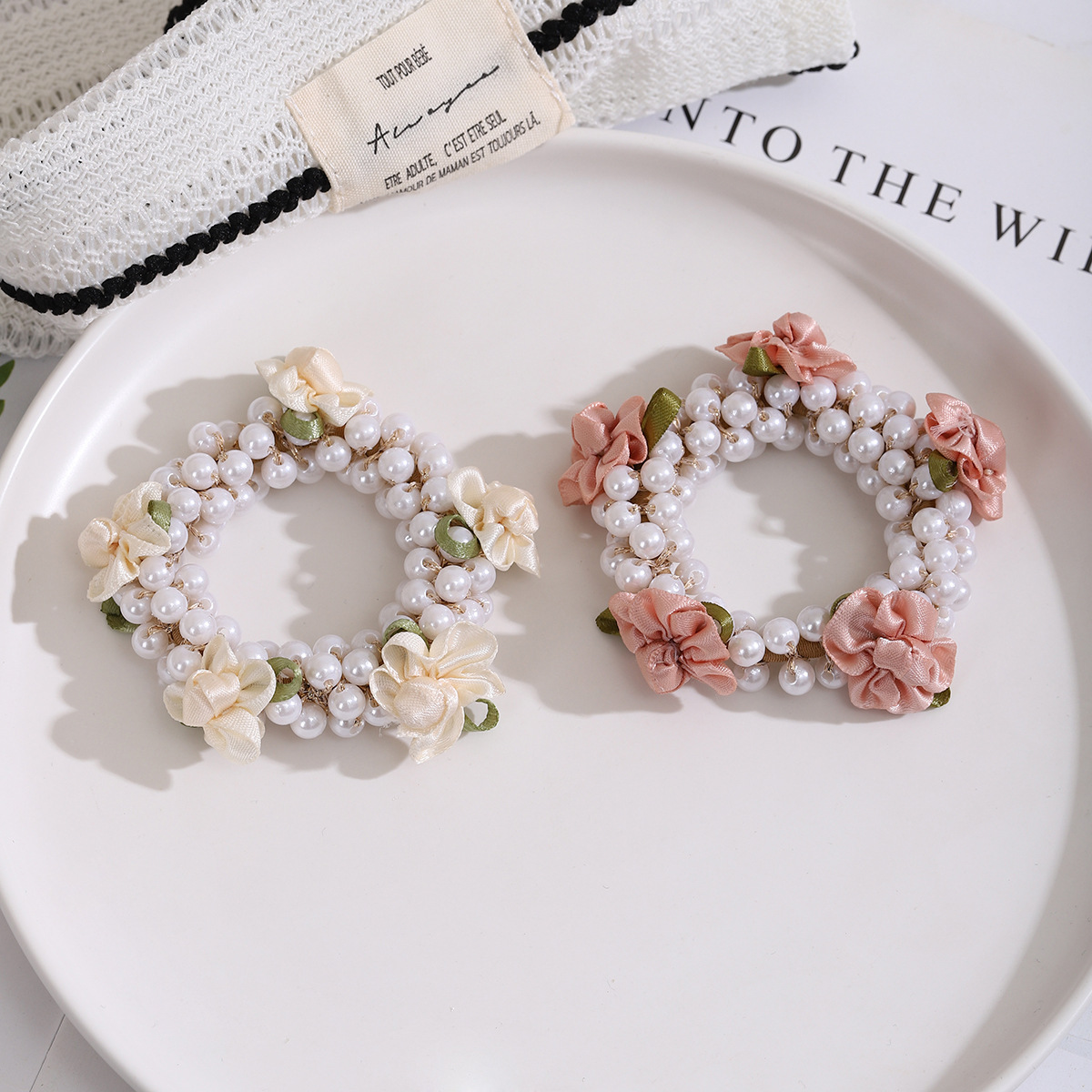Flores franceses perlas para niños anillo de cabello bebé cuerda de cabello de alta elasticidad trenzado hadas cuerda de cabello niñas joyas de cabello tocado