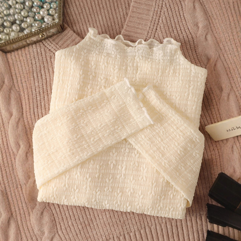 Half Turtleneck Lace Bottoming Shirt for Women, Thin Long-Sleeved Autumn and Winter New Sweater with Gauze Inner, High-End Mesh Top