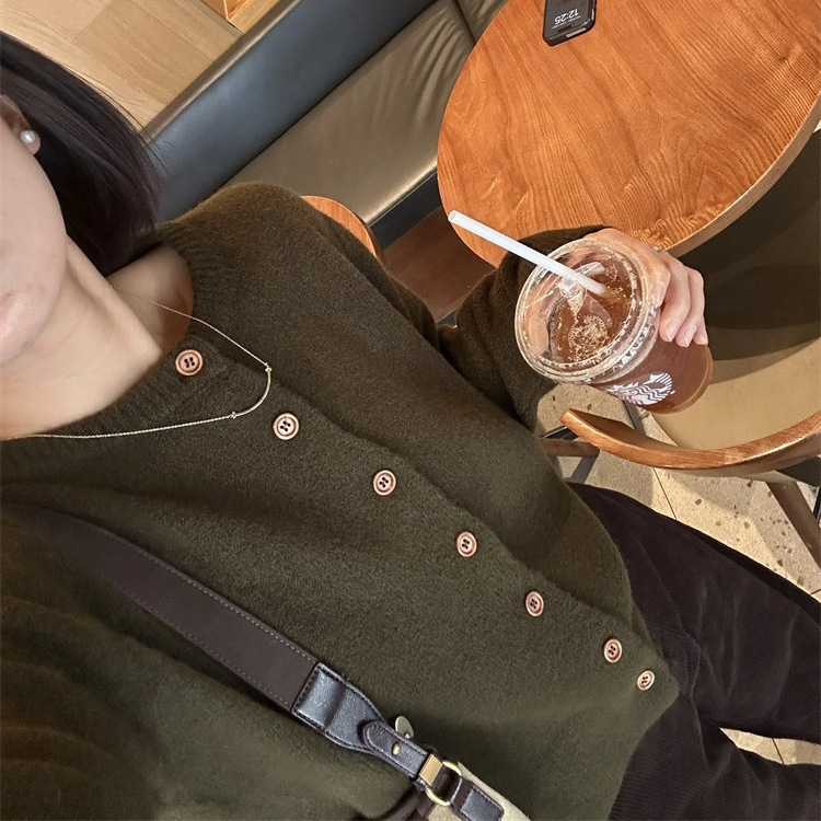 Olive Green Knitted Cardigan for Women! Autumn and Winter Soft and Waxy Retro Versatile Round Neck Casual Top Sweater Jacket