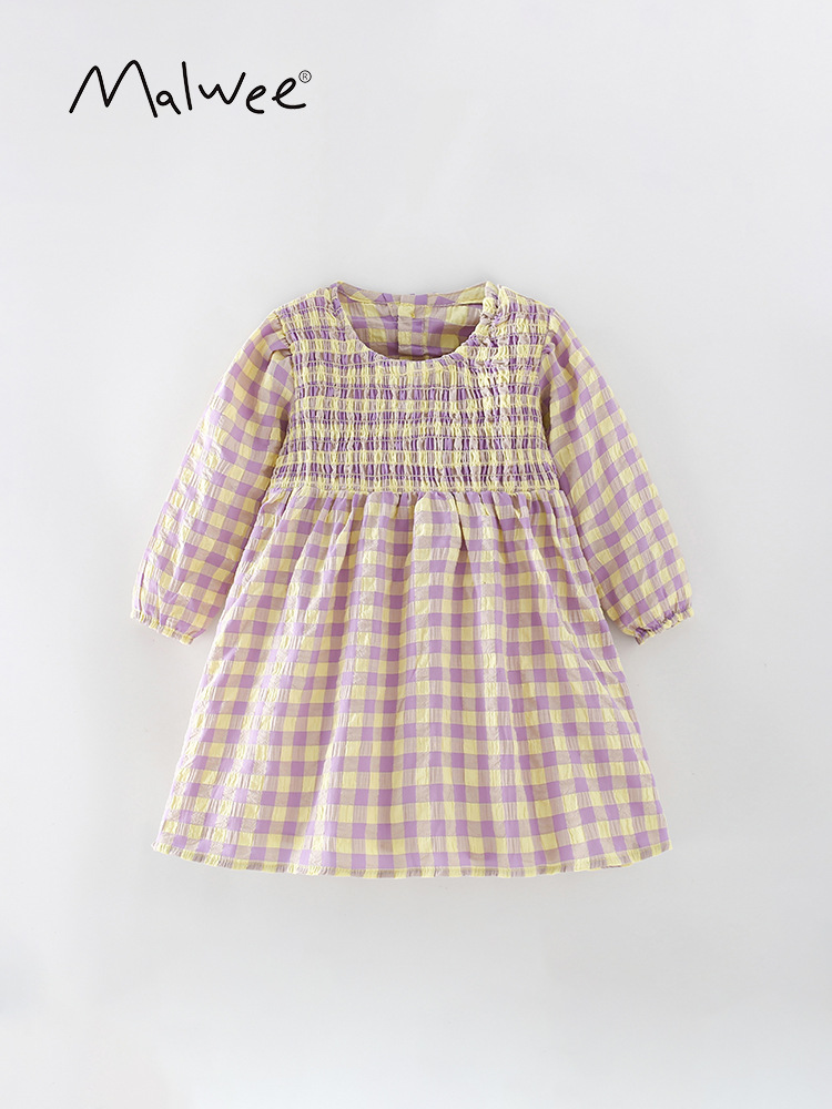En stock malwee falda de los niños del otoño nuevos europeos y americanos casual Plaid cuello redondo vestido la muchacha