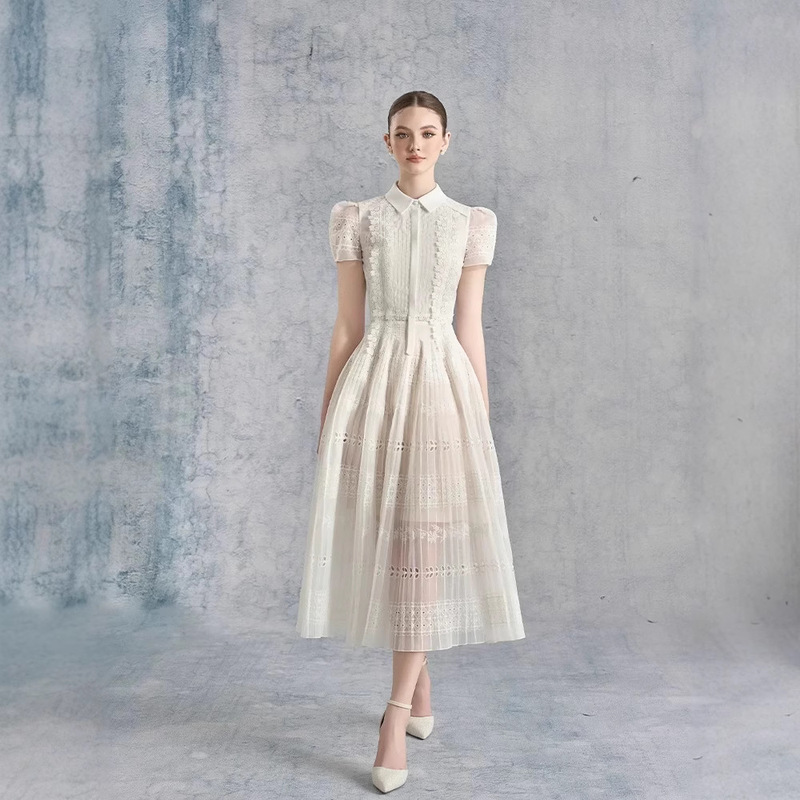 2025 Spring and Summer White Round Neck Lace Cut Out Embroidered Dress Long Skirt