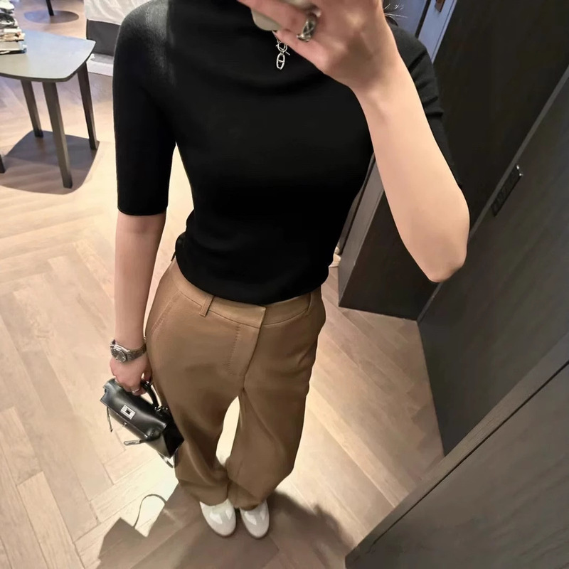 洋气修身五分袖打底衫女2025秋季新款半高领羊毛中袖针织衫女上衣|undefined