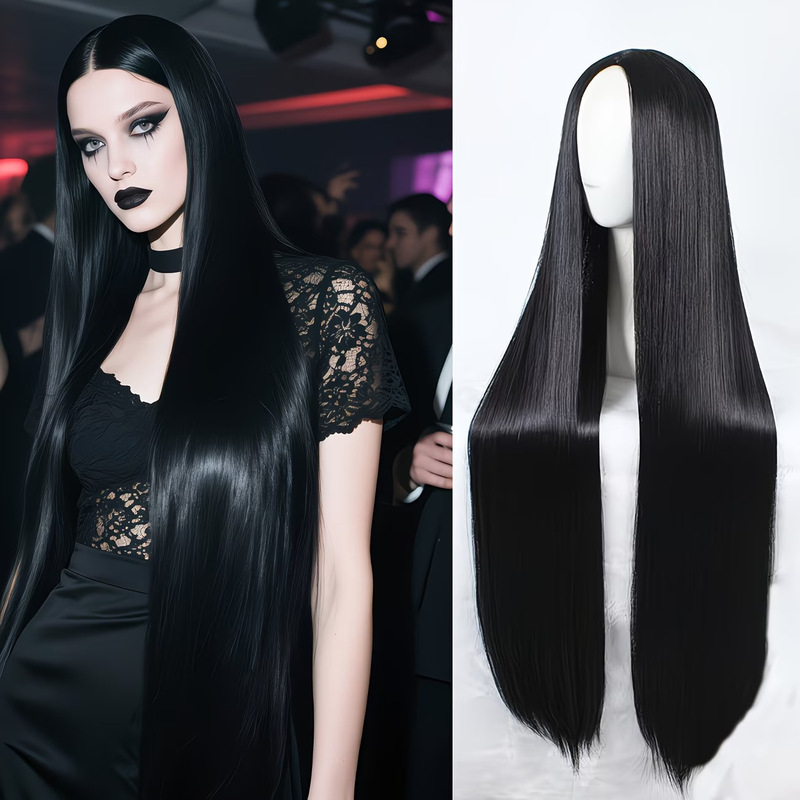 Cross-border middle-parted extra-long black straight wig, matte smooth synthetic fiber headpiece, Halloween gothic party cosplay wig Cross-border middle-parted extra-long black straight wig, matte smooth synthetic fiber headpiece, Halloween gothic party cosplay wig