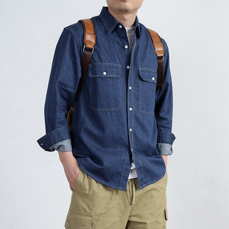 American Style Casual Flip Double Pocket Tooling Shirt Spring and Autumn Japanese Style Retro Khaki Lapel Denim Shirt for Men