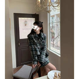 浅川酒一学院风套装春秋洋气复古小众减龄西装格纹冬季裙装两件套