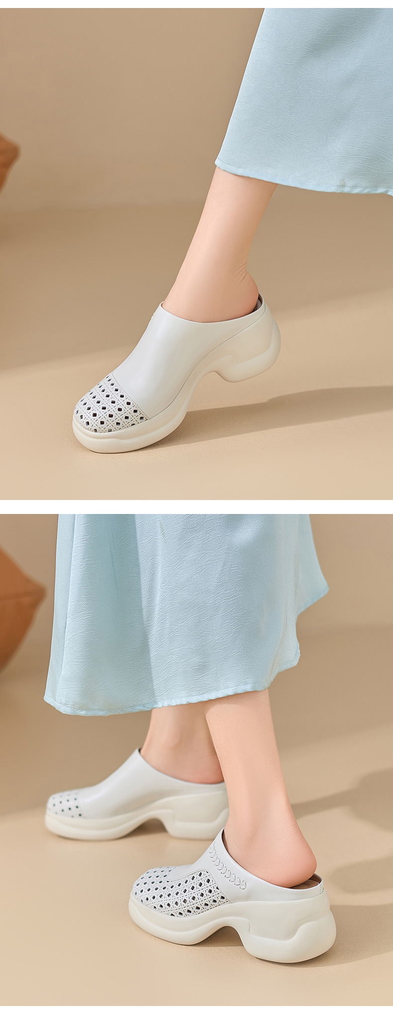Dép sandal nữ da bò dệt rỗng, mũi trùm hở gót, đế dày ngoài trời — màu trắng ngà chi tiết 8