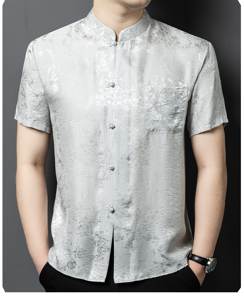 Áo sơ mi nam cổ đứng tay ngắn chất lụa tơ tằm jacquard phong cách Trung Hoa — Màu xám 25169 chi tiết 15